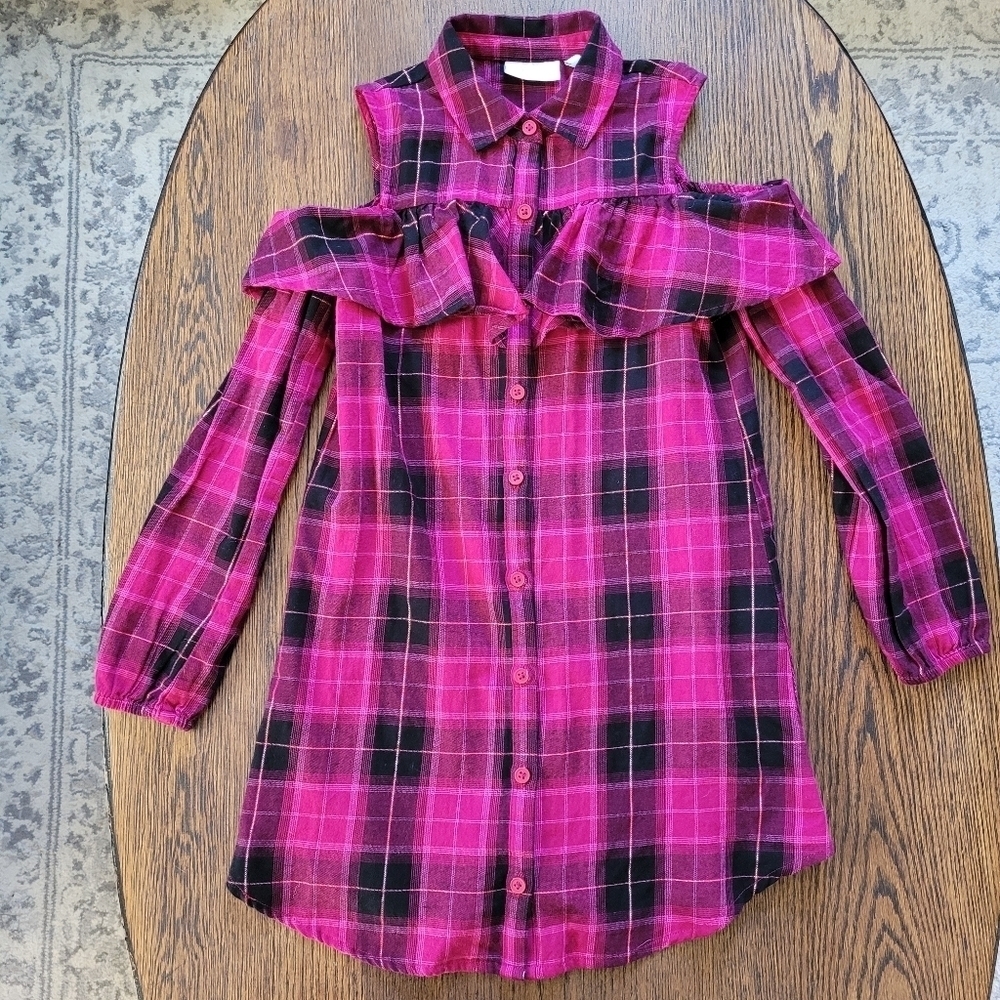 PLACE Long Sleeve Plaid Ruffle Twill Cold Shoulder Dress Size Girl's Medium NEW